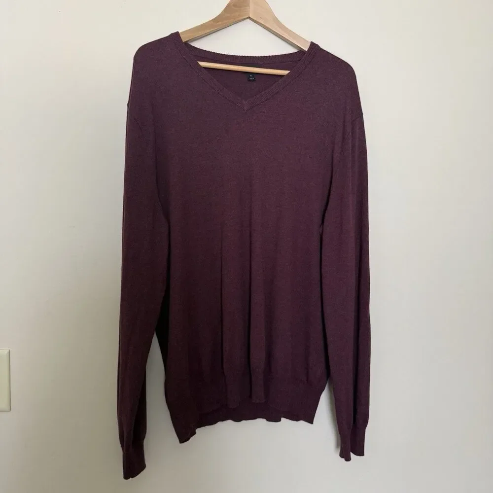 J Crew Mens Sz XL Maroon Wine V-Neck Cashmere Blend Pullover Sweatshirt 29235